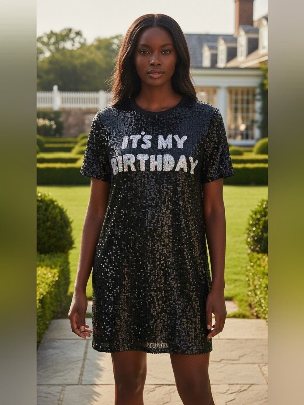 Black Sequin Its My Birthday Mini Dress Tee Glitter Graphic Party Size Large